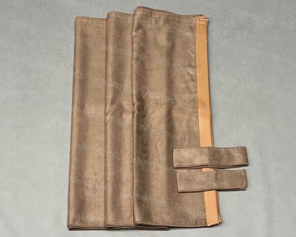 ACTIE : Zijgordijnen ALCANTARA PLUS met LEDERLOOK RAND chocoladebruin SP24 / oud bruin L4 met standaard embrasses (maat: 98 cm)