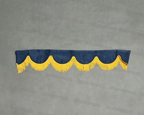 OP is OP Raamband /voorraamstrook TYPE 1, Kleur: SP11 oud donkerblauw met enkel goud/honingkleurige viscose franje 8 cm